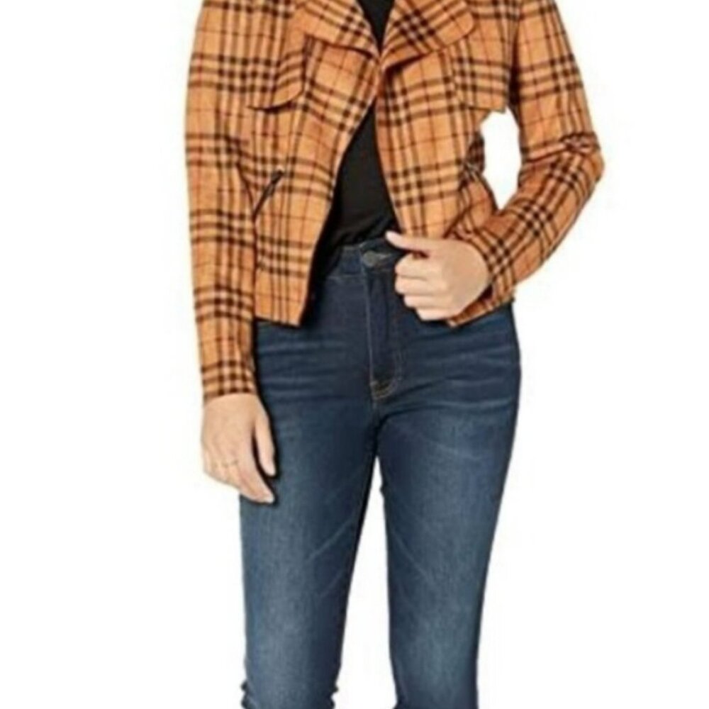 Kut From The Kloth Jace Moto Jacket Womens Medium Tan Plaid Asymmetrical Zip Fro